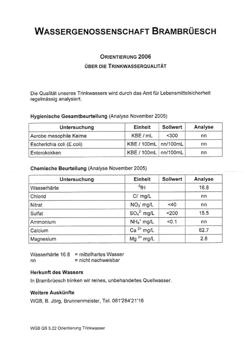 Infos der WGB über die Wasserqualität von Brambrüesch